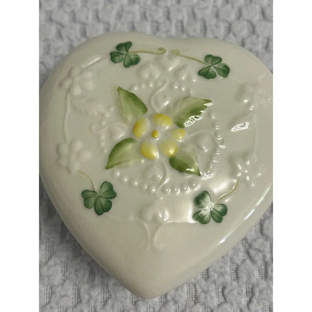BELLEEK Primrose Heart Shaped Trinket Box Shamrock Yellow Rose Porcelain Jewelry